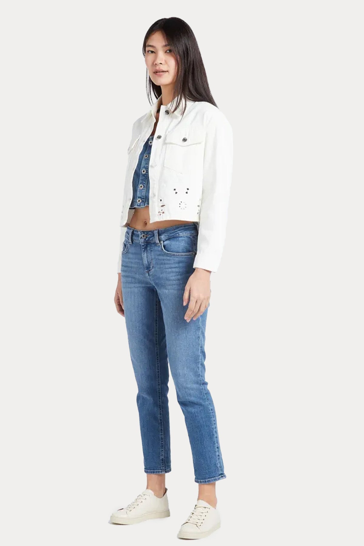 Liu Jo Lazer Kesim Nakış Detaylı Crop Denim Ceket-Ceket-Libas