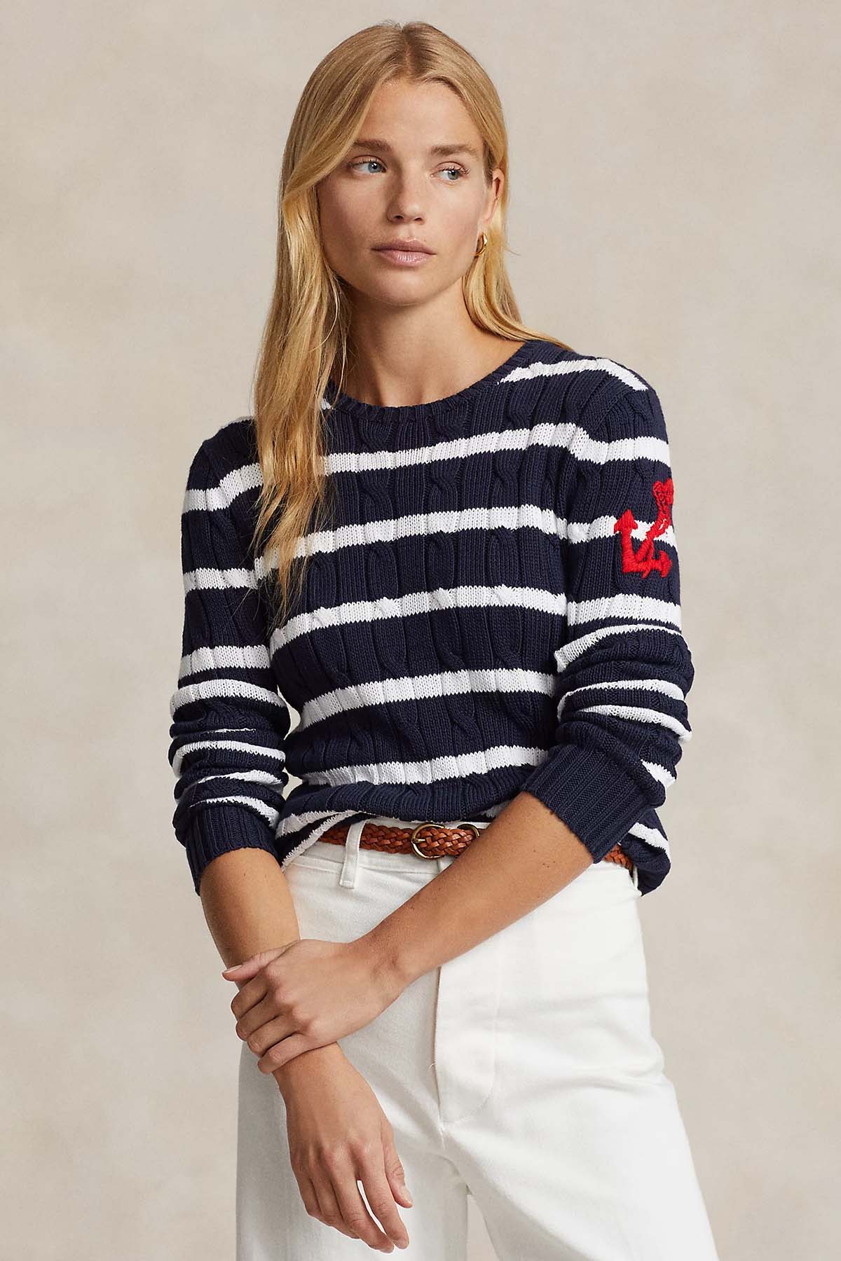 Polo Ralph Lauren Slim Fit Pima Cotton Yuvarlak Yaka Çizgili Saç Örgü Triko