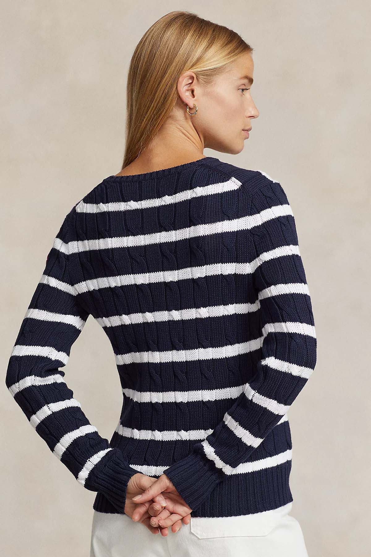 Polo Ralph Lauren Slim Fit Pima Cotton Yuvarlak Yaka Çizgili Saç Örgü Triko