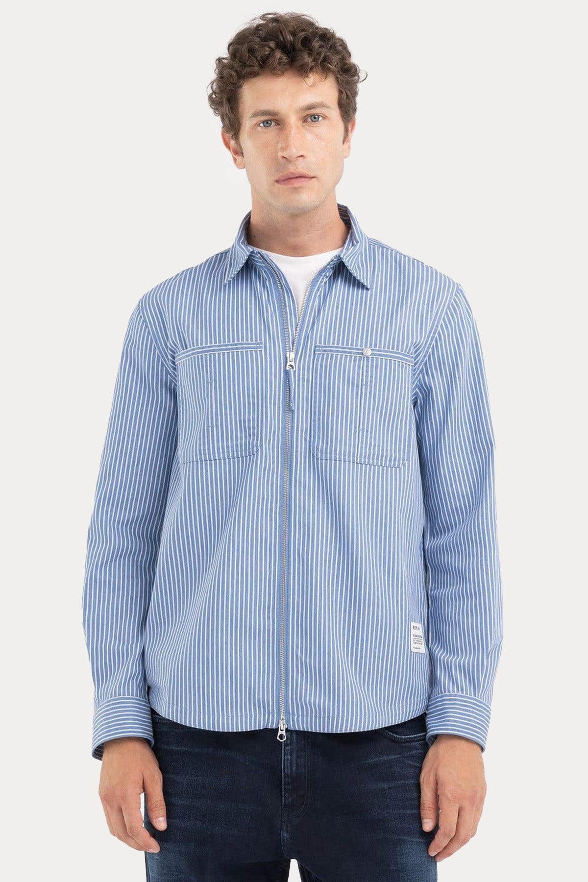 Replay Klasik Yaka Cep Detaylı Çizgili Gömlek Ceket