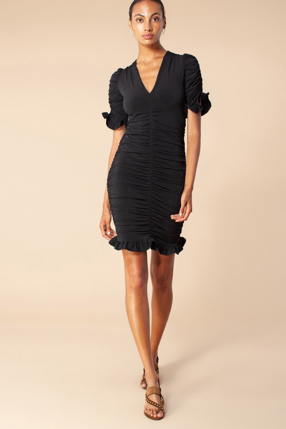 Hale Bob Volanlı V Yaka Mini Elbise-Libas Trendy Fashion Store