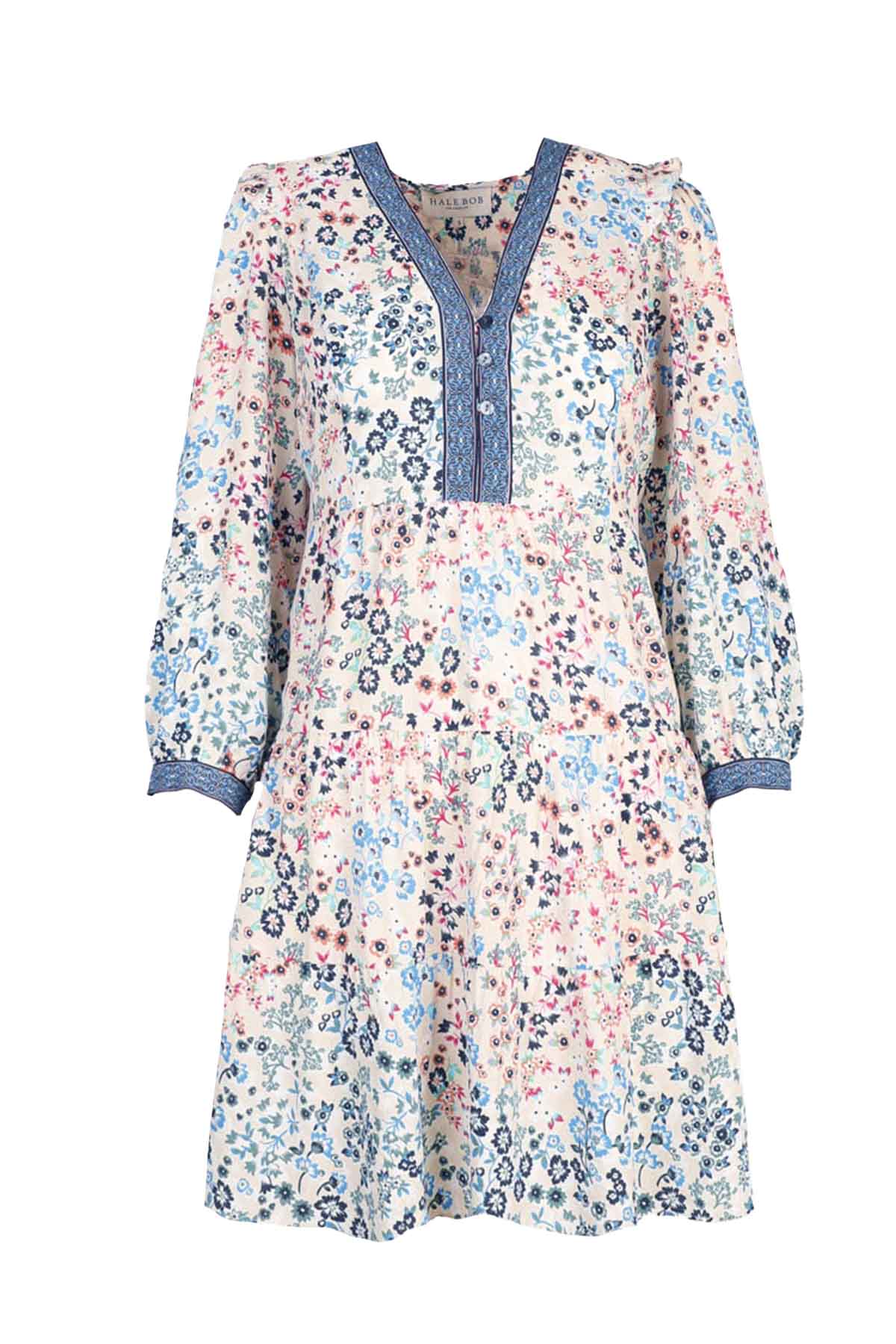 Hale Bob Pileli Çiçek Desenli V Yaka Elbise-Libas Trendy Fashion Store
