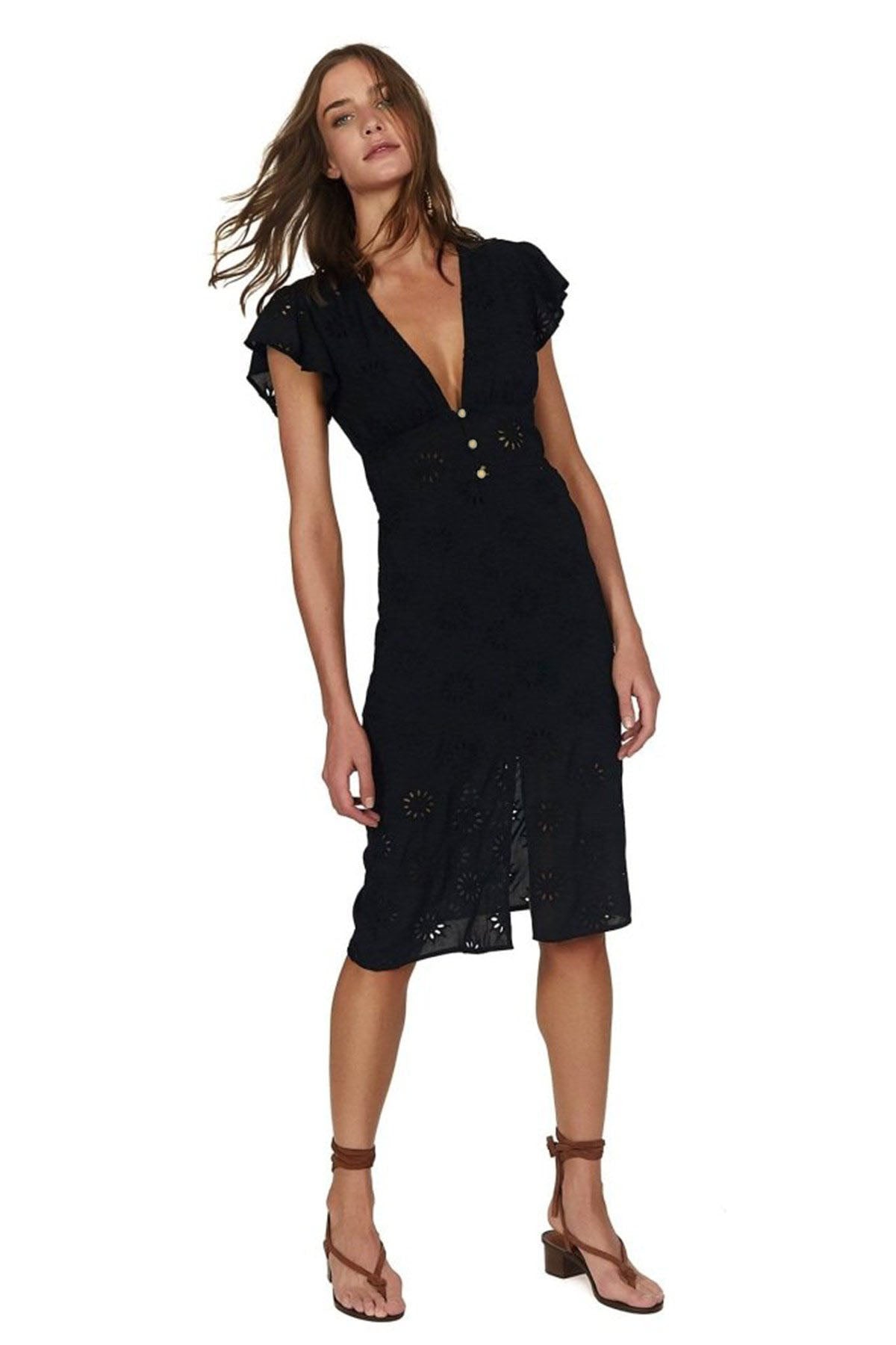 Vix Lazer Kesim Çiçek Desenli Midi Boy Elbise-Libas Trendy Fashion Store